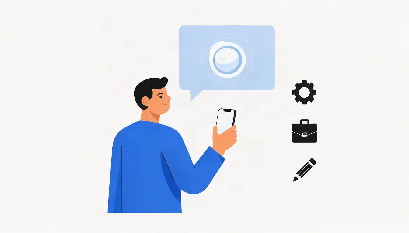 Ilustração de pessoa perguntando a um assistente de IA no celular por indicação de profissional na cidade
