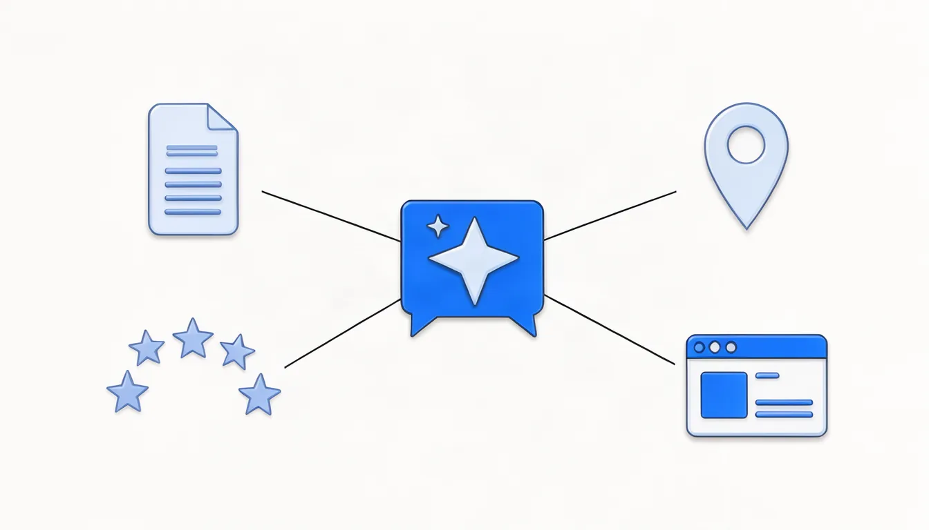 Ilustração de diagrama de várias fontes de informação convergindo para um assistente de IA no centro