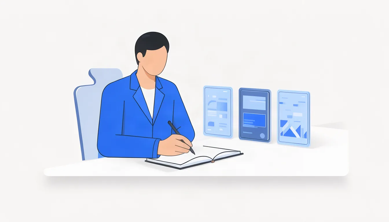 Testar todo mês mostra a evolução da presença da empresa nas IAs. Ilustração de empresário anotando em caderno os resultados de testes feitos em diferentes assistentes de IA