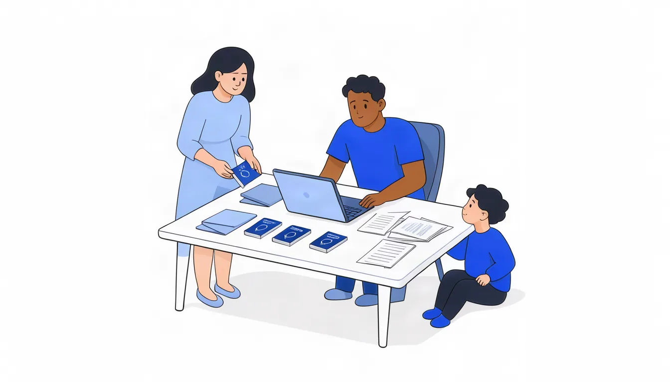 Quem vai pedir um visto pesquisa muito antes de escolher uma assessoria. Ilustração de família em casa organizando documentos e passaportes para pedido de visto, com notebook aberto