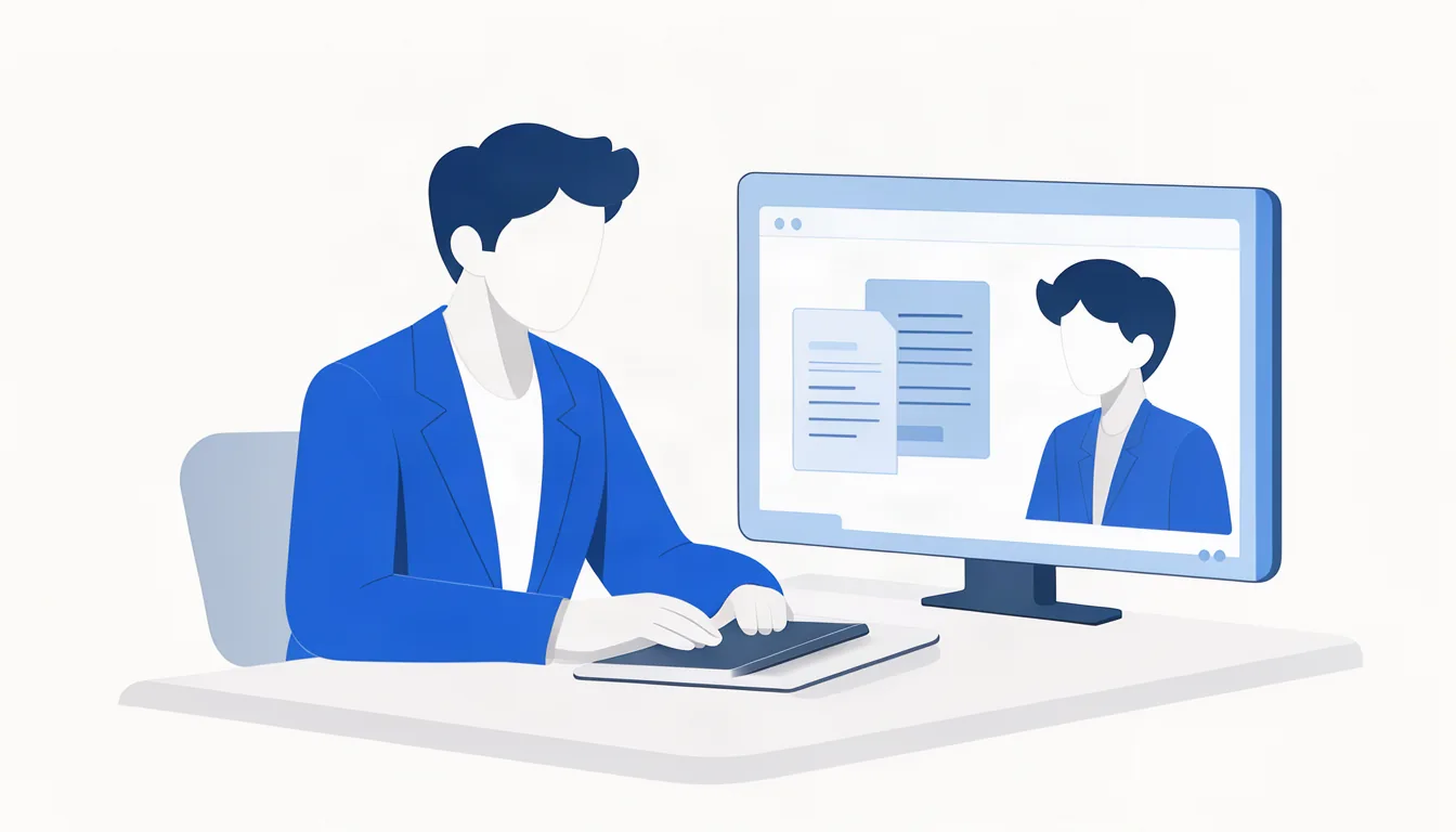 Ilustração de consultora de imigração atendendo cliente por videochamada com documentos na tela