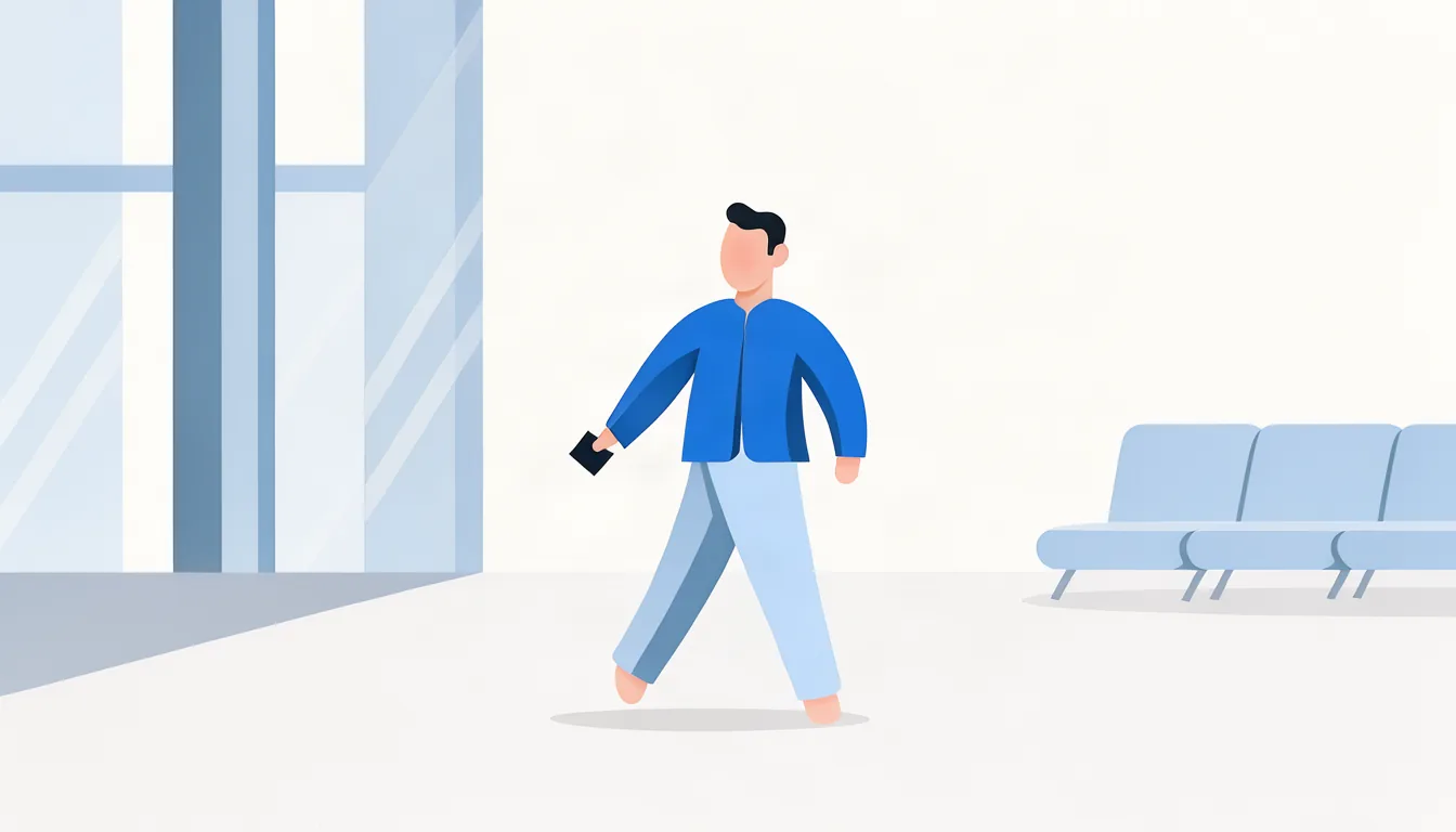 Depoimentos de clientes que concluíram o processo são a melhor prova de confiança. Ilustração de viajante feliz com passaporte na mão em saguão de aeroporto moderno