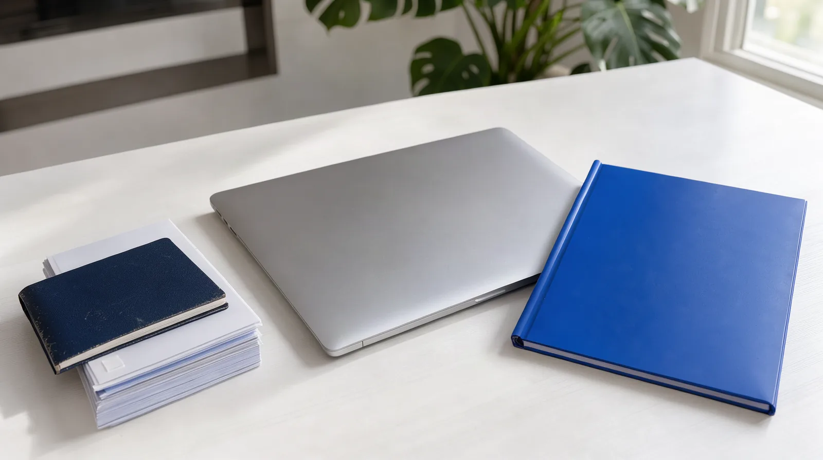 Foto de passaporte, documentos de viagem e notebook sobre mesa branca iluminada por luz natural, com pasta azul ao lado