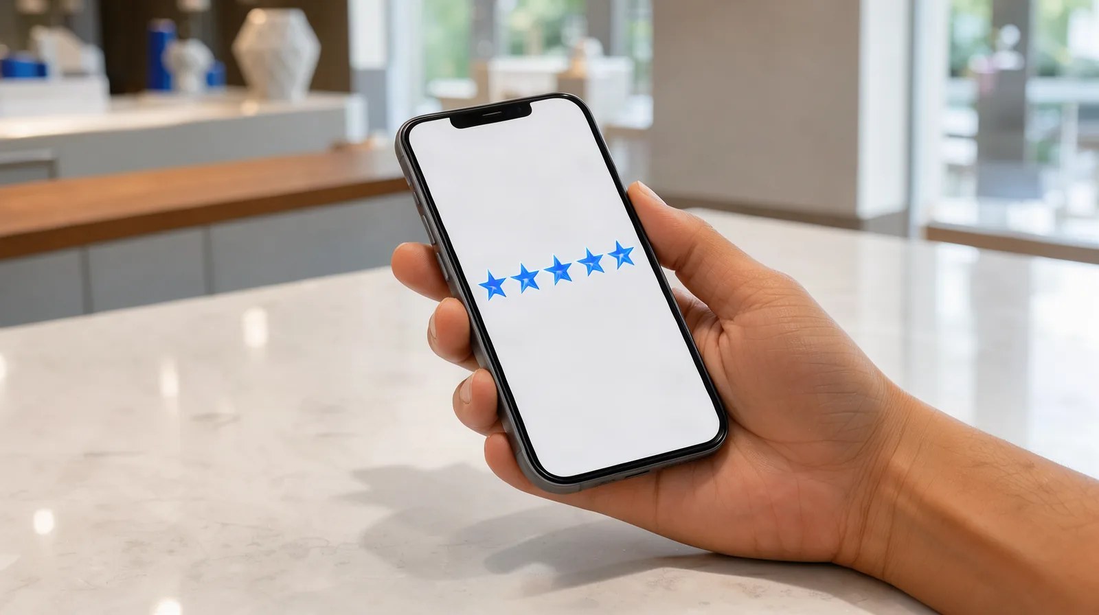 Foto de mão segurando celular com tela de avaliação cinco estrelas, em balcão claro de pequeno comércio