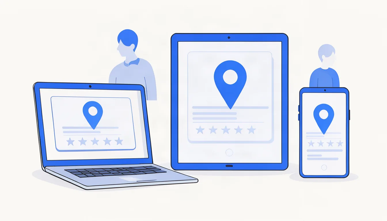 Informações iguais em todos os lugares aumentam a confiança das IAs na sua empresa. Ilustração de celular, tablet e notebook exibindo o mesmo perfil de empresa com localização e avaliações