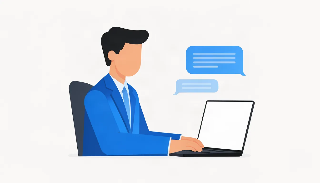 Ilustração de empresário fazendo uma pergunta a um assistente de IA no notebook à noite