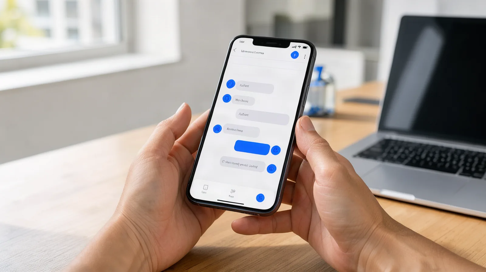 Como fazer sua empresa aparecer no ChatGPT e no Gemini Mãos segurando um celular com uma conversa de assistente de inteligência artificial aberta, sobre mesa de escritório