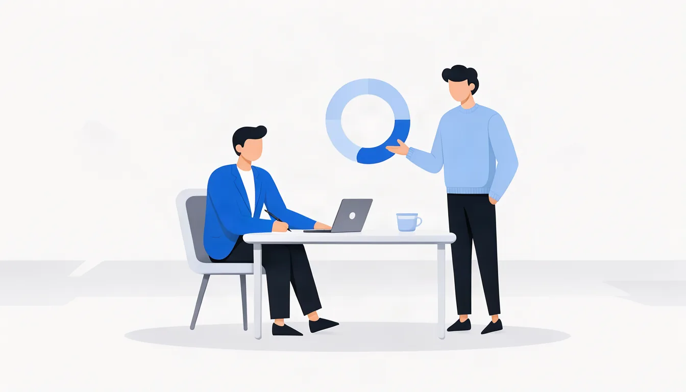 Fazer as perguntas certas antes de contratar evita frustração depois. Ilustração de empresário fazendo anotações durante reunião com consultor de marketing