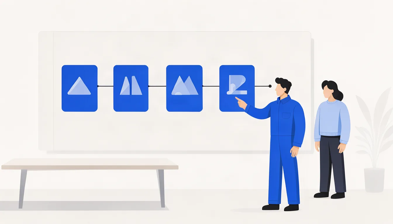 Uma estratégia pensada para o seu caso começa com perguntas, não com pacotes prontos. Ilustração de quadro com plano de marketing dividido em etapas desenhado em escritório criativo