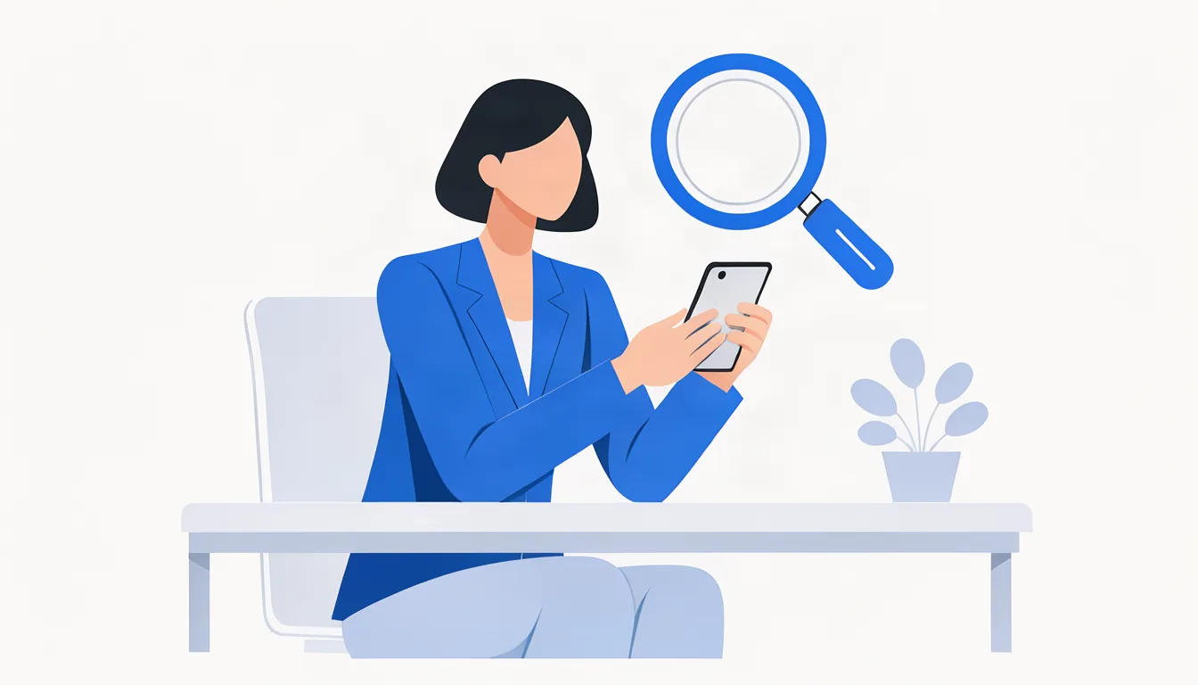 Ilustração de empreendedora pesquisando um contador no celular dentro do seu pequeno escritório