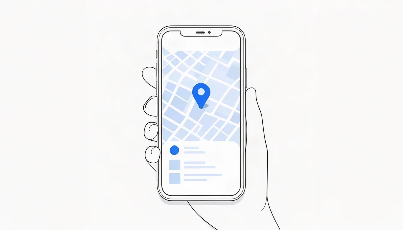 Um perfil completo no Google Meu Negócio coloca o escritório no mapa da cidade. Ilustração de mão segurando celular com mapa e um pin de localização em destaque, representando o Google Meu Negócio