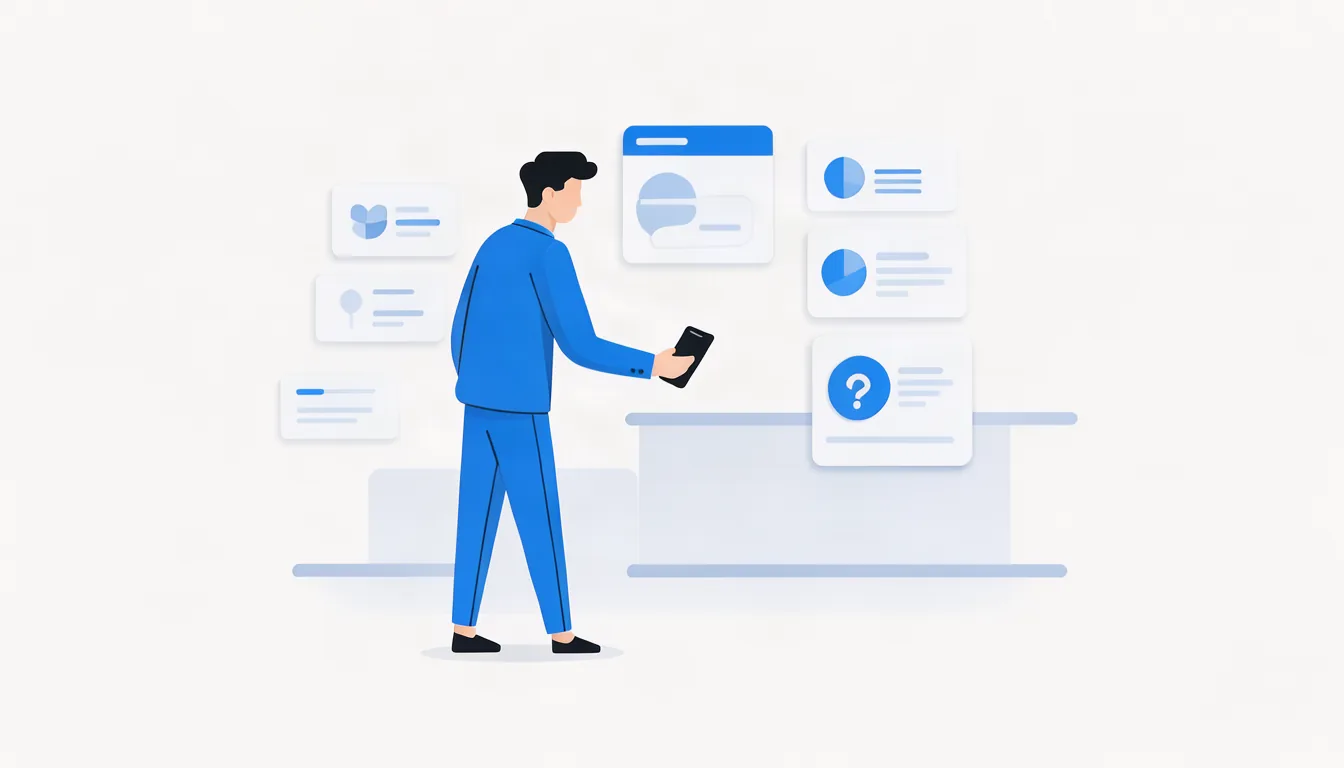 Em Campinas, o cliente compara vários sites antes de entrar em contato. Ilustração de cliente em escritório de Campinas navegando no celular por sites de diferentes prestadores de serviço