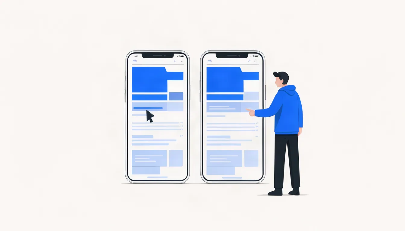 A versão para celular é a mais importante, porque é nela que acontece a maioria das visitas. Ilustração de desenvolvedor ajustando versão mobile de um site em dois celulares lado a lado