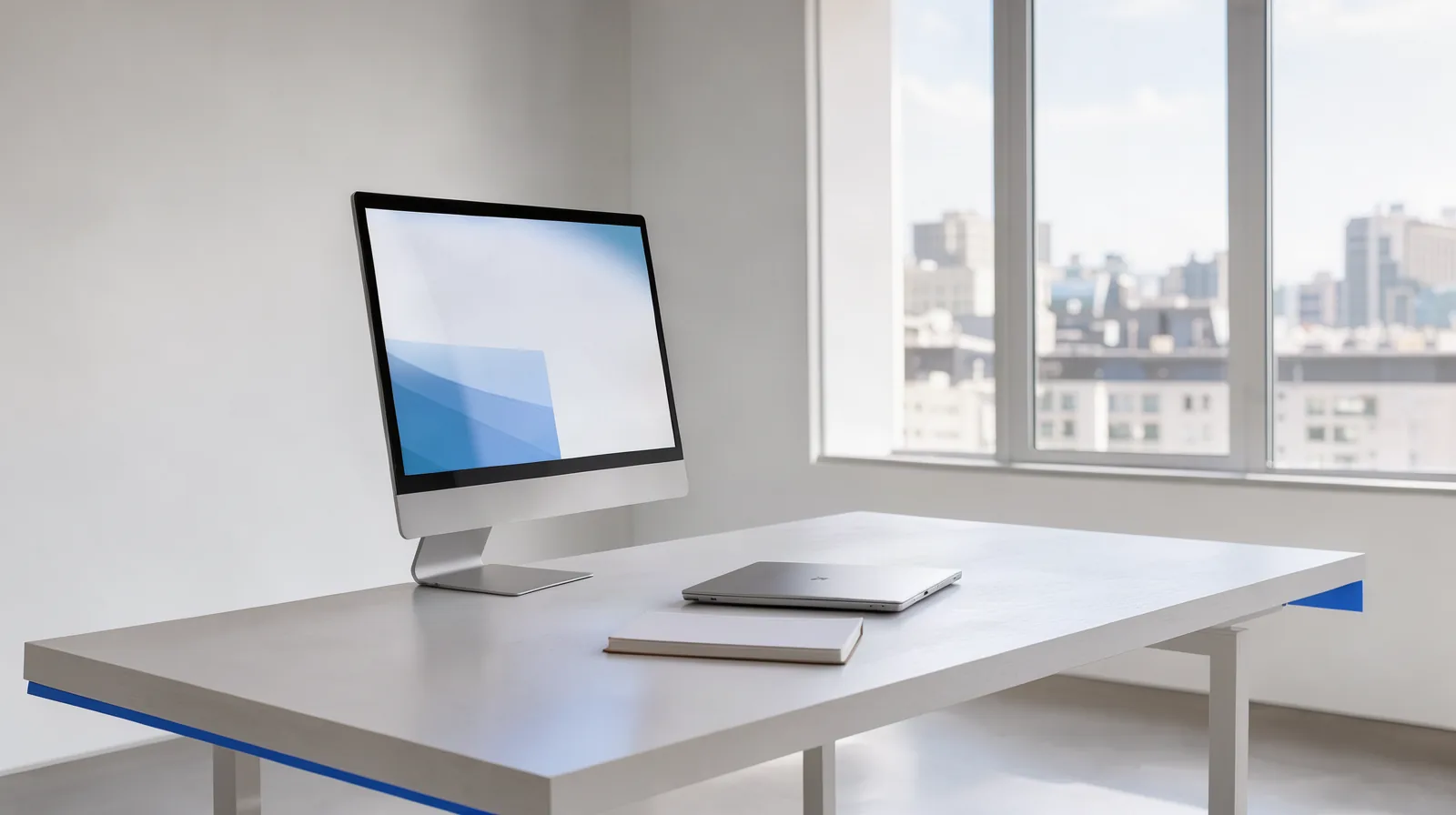 Foto de estúdio de design claro com monitor sobre mesa branca, notebook fechado e janela ampla com vista da cidade