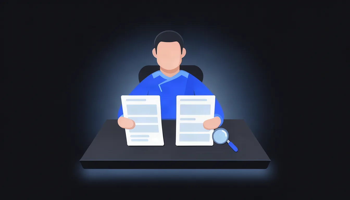 Comparar propostas pelo que entregam, e não só pelo preço, evita retrabalho. Ilustração de dono de escritório comparando propostas de criação de site impressas sobre a mesa