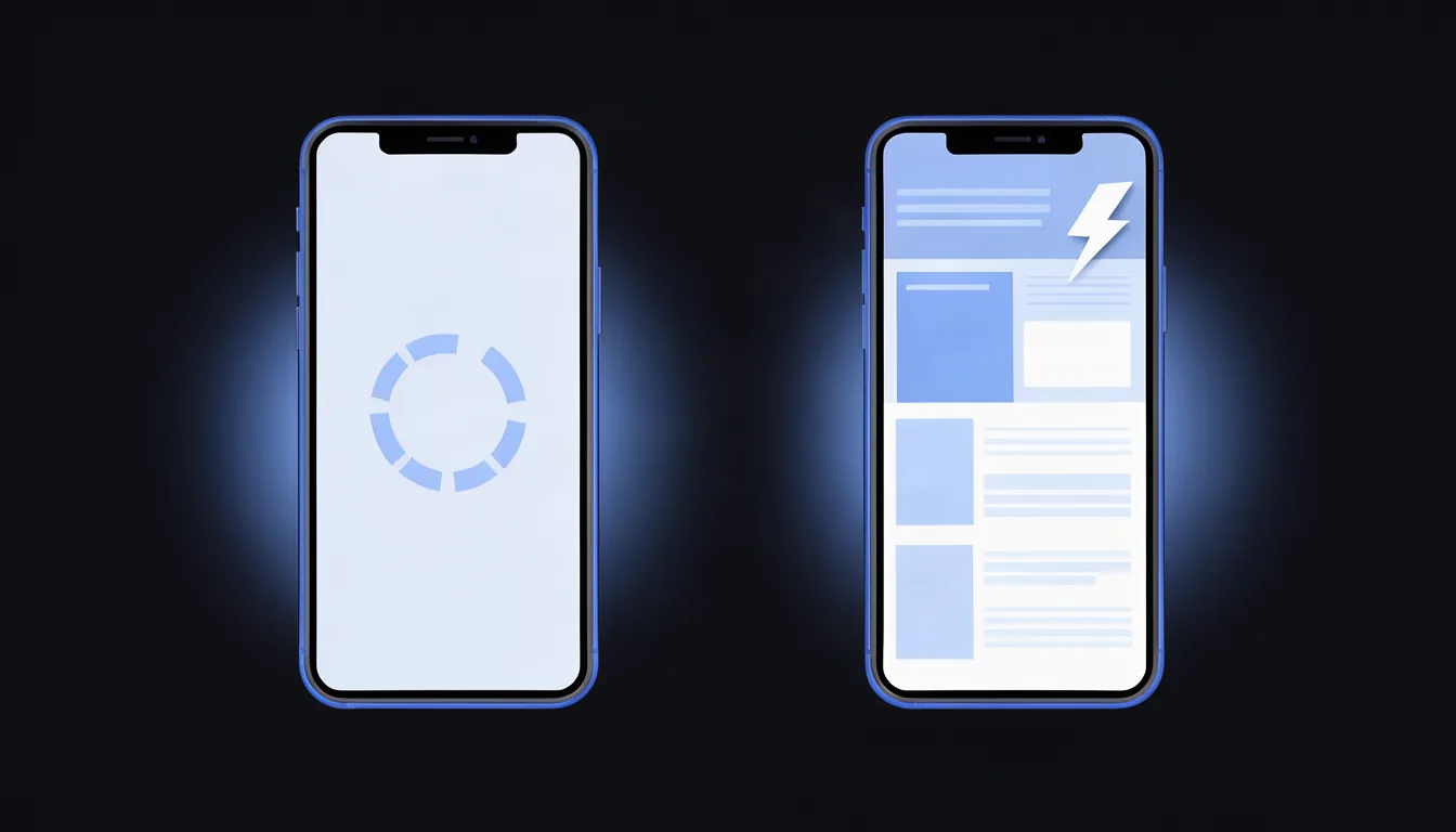 A velocidade no celular é um dos fatores que mais pesam na experiência do cliente. Ilustração de comparação visual entre um site lento carregando e um site rápido já aberto em dois celulares