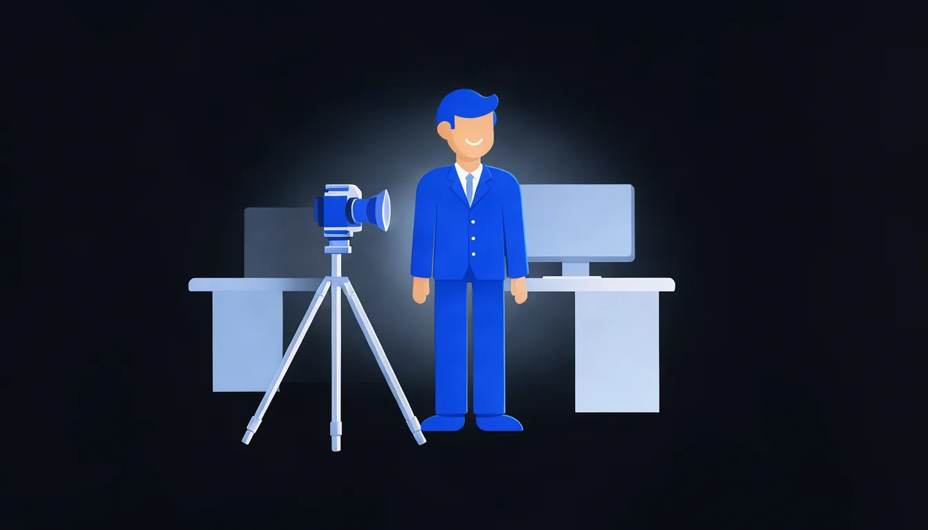 Ilustração de profissional sorrindo em seu escritório sendo fotografado para o site da empresa
