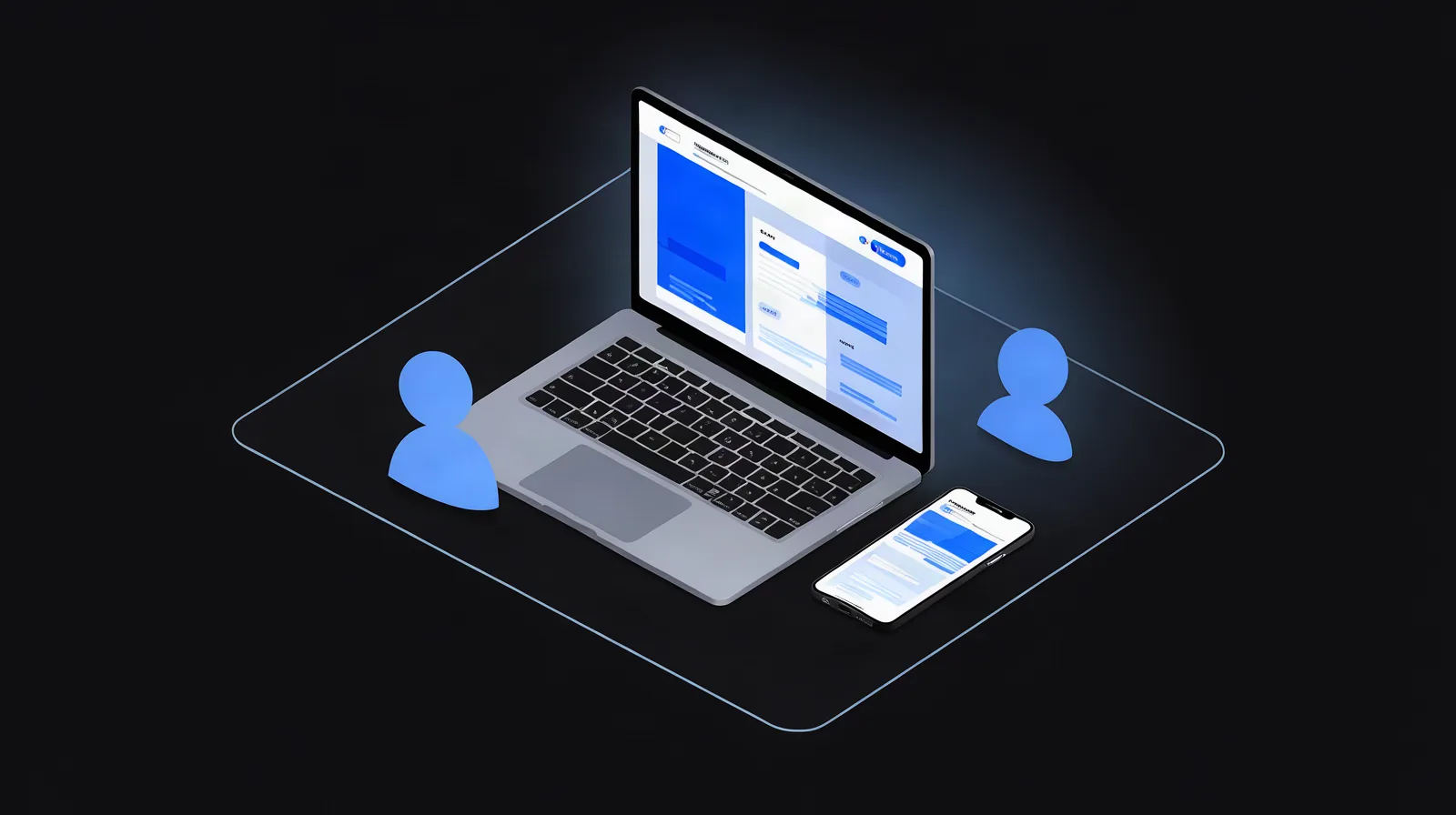 Criação de sites em Jundiaí: o que avaliar antes de contratar Ilustração de mesa de trabalho com notebook e celular exibindo um site profissional moderno em tons escuros e azuis