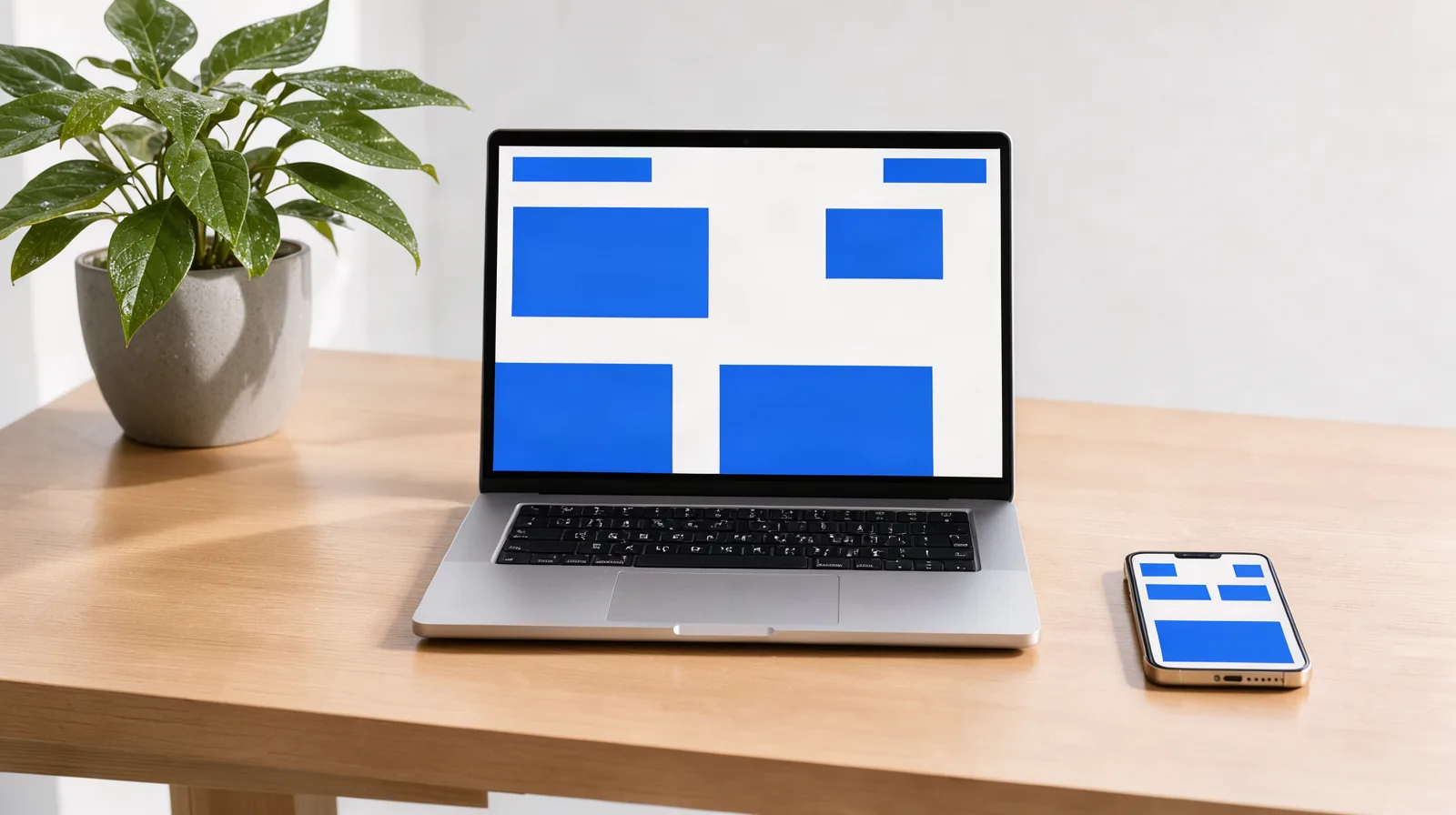 Criação de sites em Jundiaí: o que avaliar antes de contratar Foto de mesa de madeira clara com notebook e celular exibindo um layout de site em blocos azuis e brancos, com planta ao lado