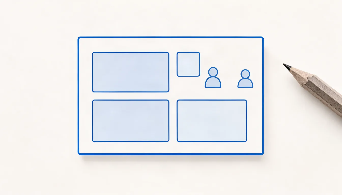 Uma estrutura simples e bem pensada facilita para o cliente e para o Google. Ilustração de esboço de estrutura de site em papel com caixas para início, serviços, sobre e contato