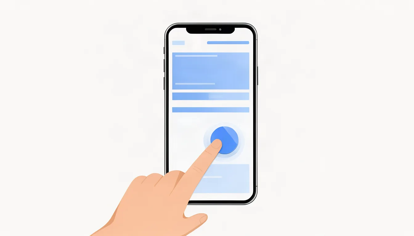 Ilustração de mão tocando no botão flutuante de WhatsApp em um site aberto no celular