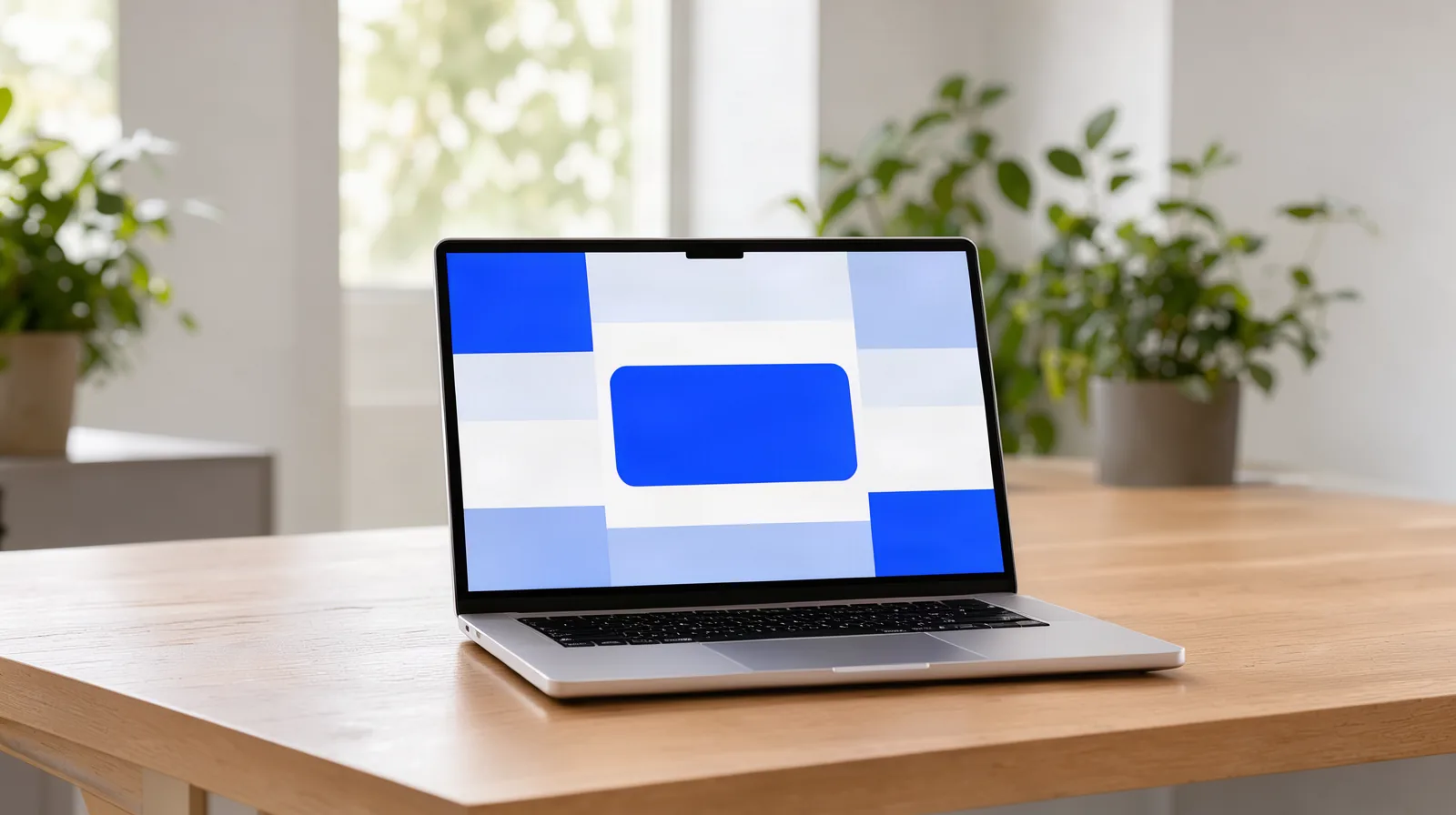 Criação de sites em Valinhos: o que um site precisa ter para gerar contatos Foto de notebook em mesa de madeira clara exibindo site com um grande botão azul em destaque e plantas ao fundo