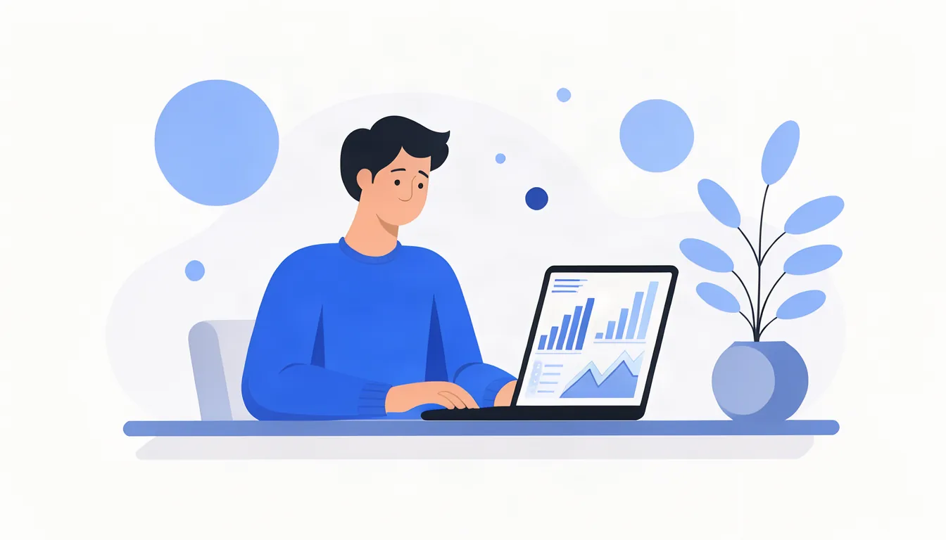 Ilustração de profissional analisando no notebook o desempenho de campanhas de anúncios com gráficos
