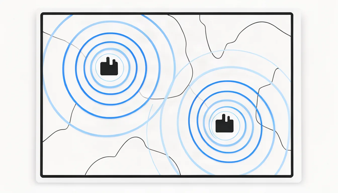 Ilustração de mapa com raios de segmentação desenhados ao redor de duas cidades em uma tela de computador