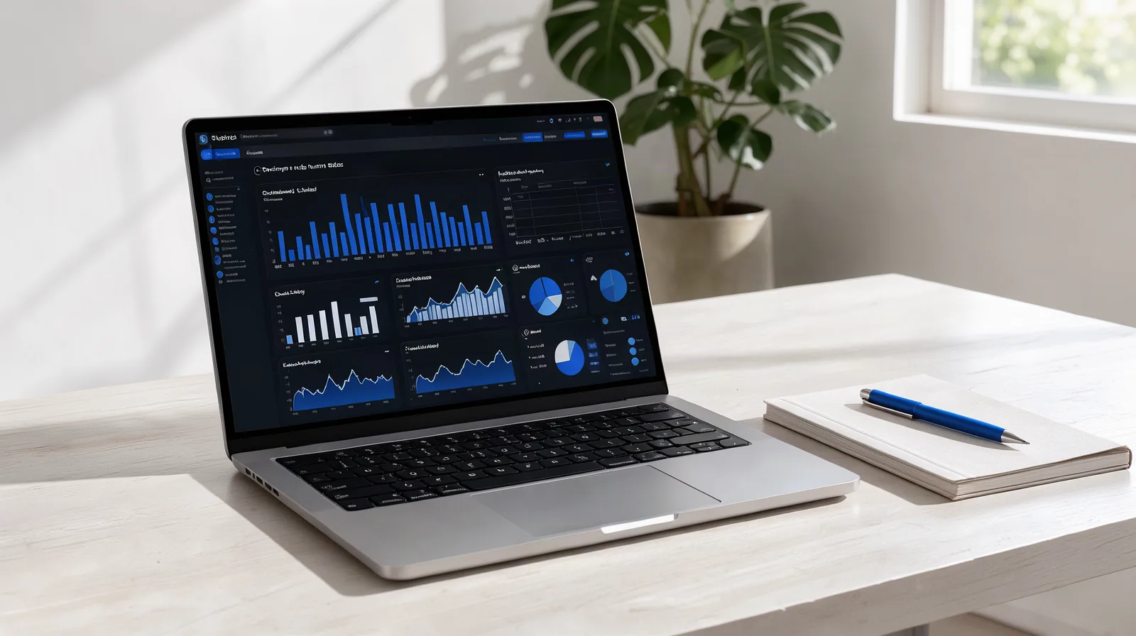 Google Ads em Jundiaí e Campinas: quando vale a pena para prestadores Foto de notebook em mesa clara exibindo painel de campanha de anúncios com gráficos azuis, ao lado de caderno e caneta