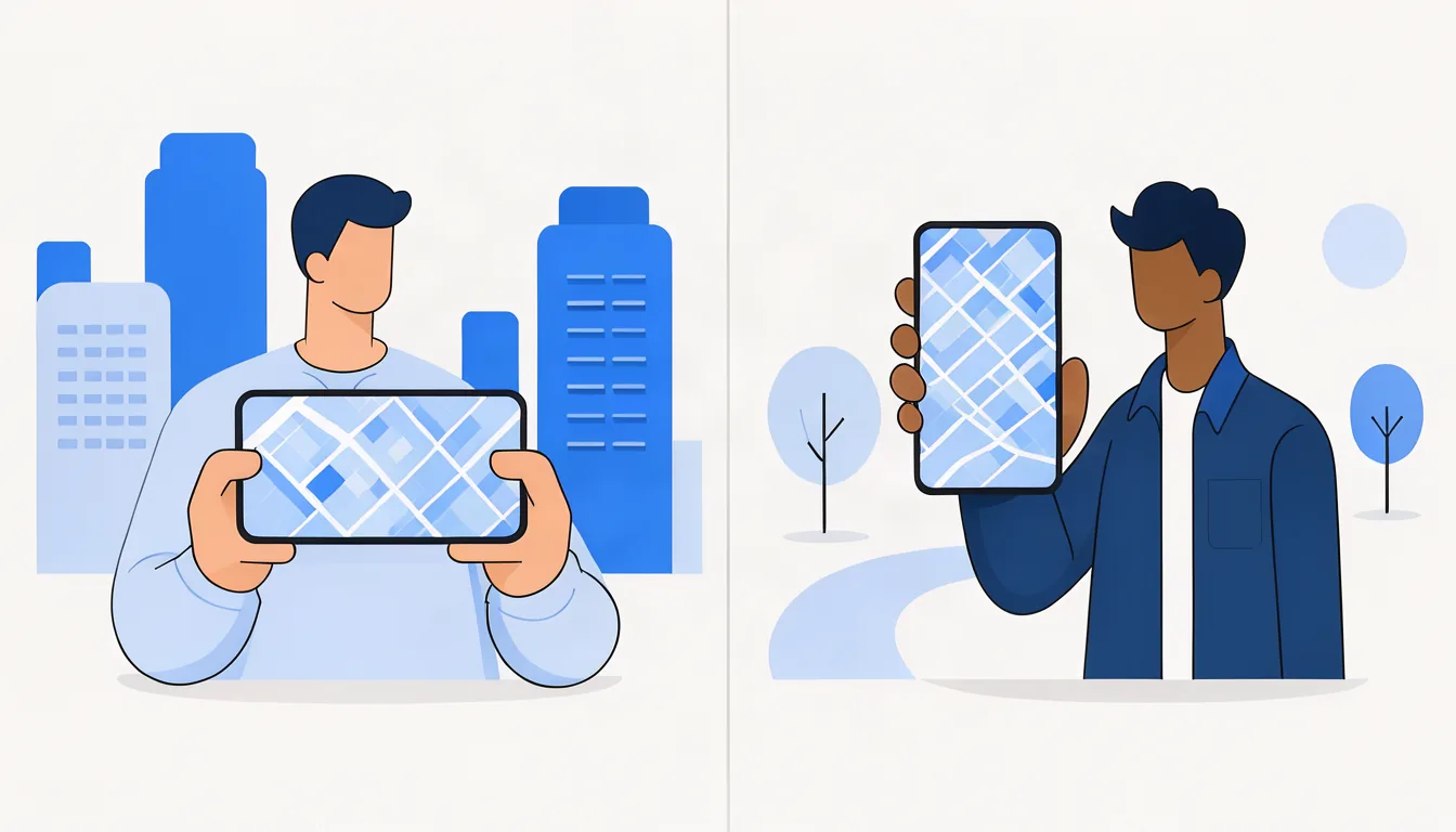 Ilustração de duas pessoas em bairros diferentes vendo mapas diferentes no celular para a mesma busca
