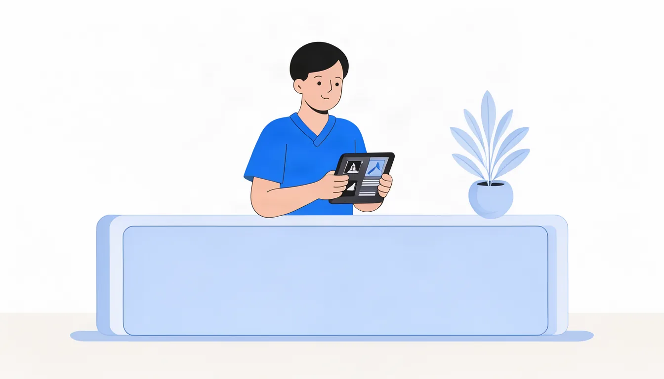 Ilustração de profissional publicando fotos e novidades no perfil da empresa pelo celular na recepção do consultório