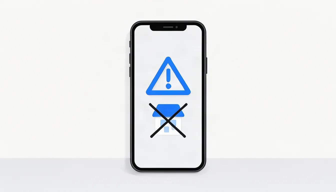 Atalhos que violam as regras podem levar à suspensão do perfil. Ilustração de tela de celular com aviso de perfil de empresa suspenso, sobre mesa de escritório