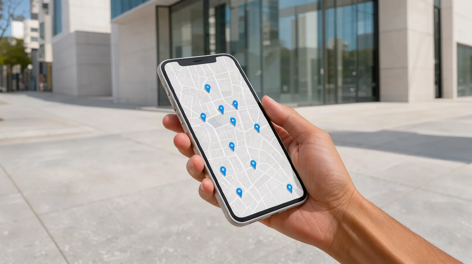 Google Meu Negócio em Campinas: como competir no mapa por região Foto de celular na mão de uma pessoa em calçada de cidade grande, com mapa e vários pinos azuis na tela e prédios claros ao fundo