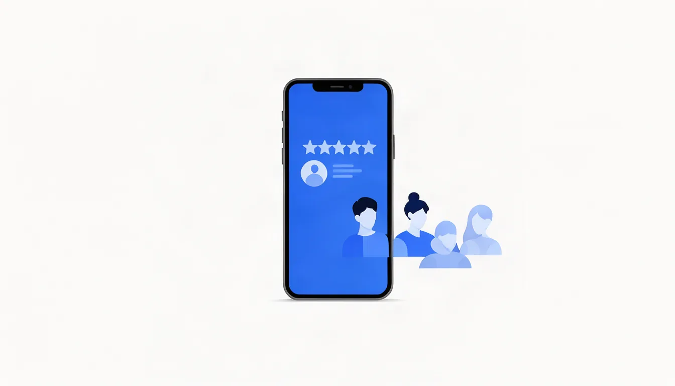 Ilustração de celular mostrando avaliações cinco estrelas de clientes em perfil de pequena empresa