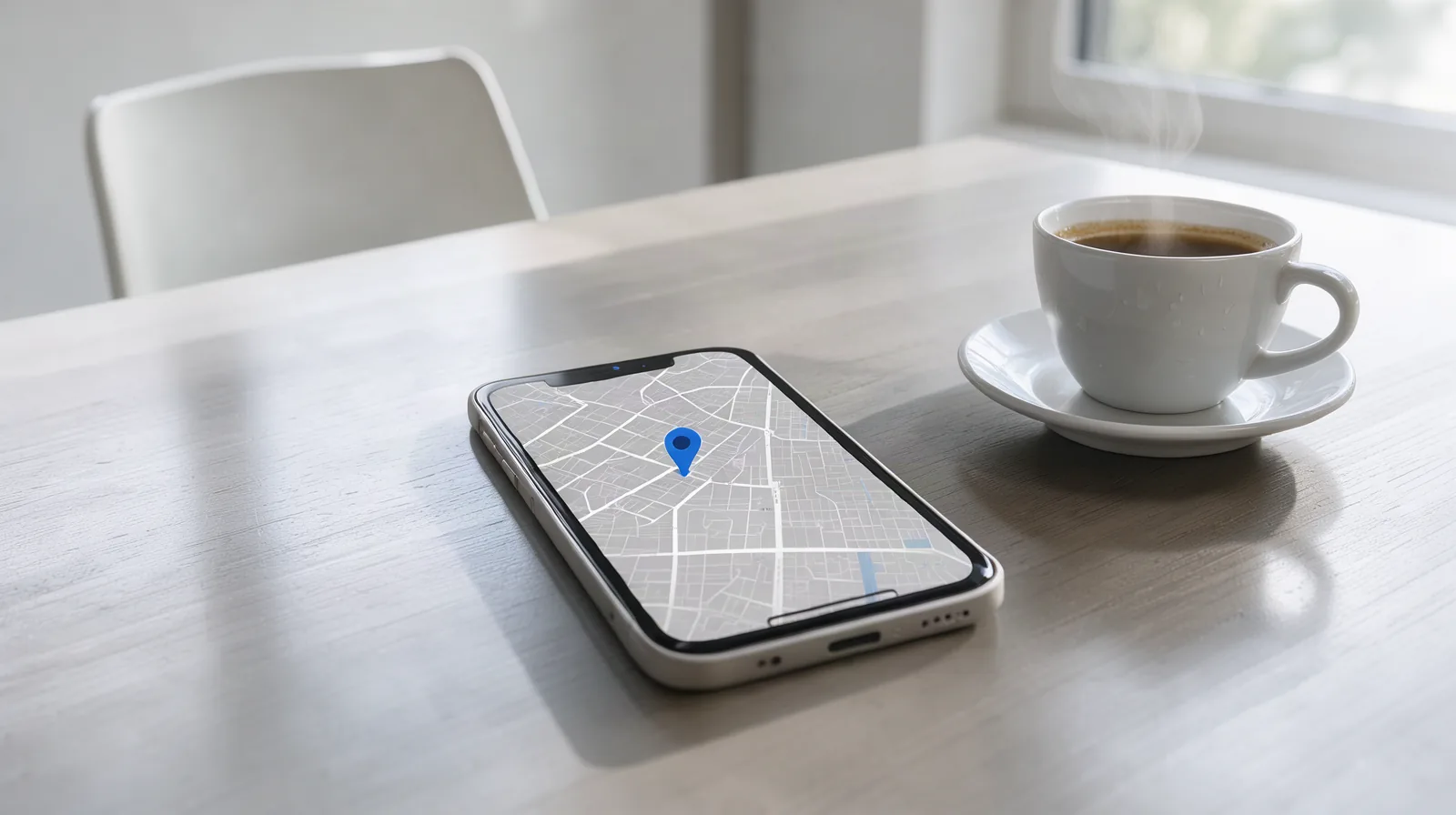 Google Meu Negócio em Itupeva: como aproveitar a baixa concorrência Foto de celular sobre mesa clara com mapa de cidade pequena e um único pino azul em destaque, ao lado de uma xícara de café