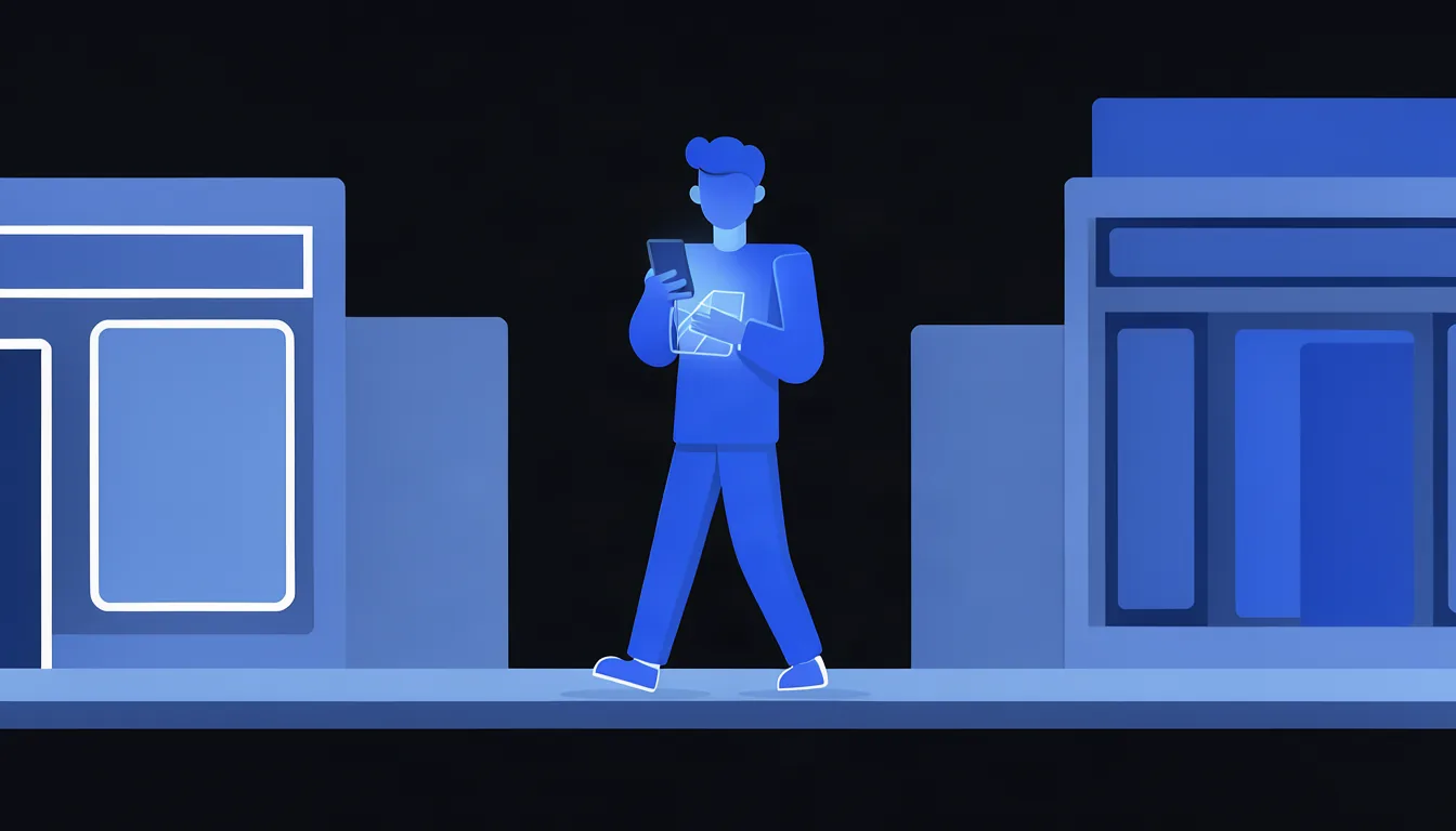 Ilustração de pessoa caminhando em rua de comércio pesquisando no celular e vendo o mapa com empresas próximas