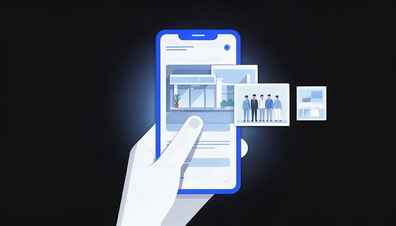 Fotos reais da fachada e da equipe aumentam a confiança de quem compara opções. Ilustração de mão adicionando fotos da fachada e da equipe a um perfil de empresa no celular