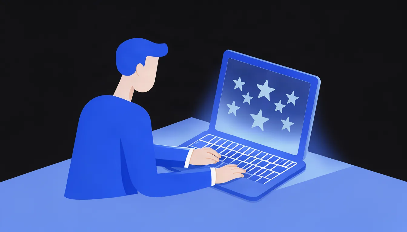 Responder avaliações mostra cuidado com o cliente e ajuda o perfil. Ilustração de empresário respondendo avaliações de clientes no notebook, com estrelas aparecendo na tela