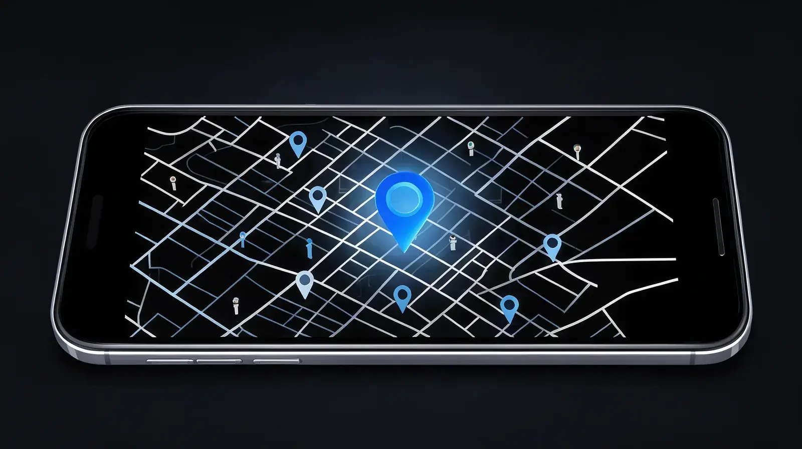 Google Meu Negócio em Jundiaí: como aparecer no mapa do seu bairro Ilustração de celular sobre mesa exibindo mapa de cidade com um pino azul brilhante em destaque e outros pinos menores ao redor
