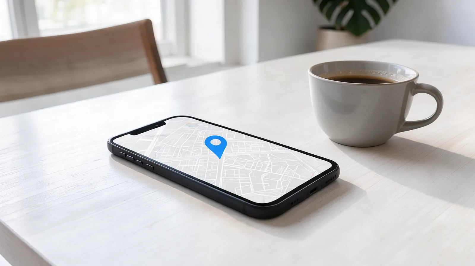 Google Meu Negócio em Jundiaí: como aparecer no mapa do seu bairro Foto de celular sobre mesa branca exibindo mapa de cidade com um pino azul em destaque, ao lado de uma xícara de café