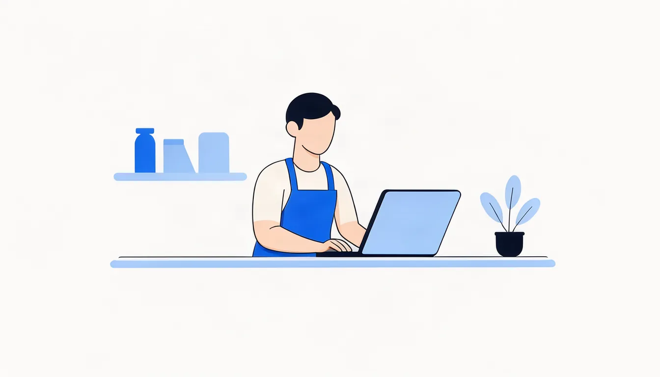 Preencher todas as informações do perfil é o primeiro passo para aparecer no mapa. Ilustração de dono de pequeno negócio configurando o perfil da empresa no notebook no balcão da loja
