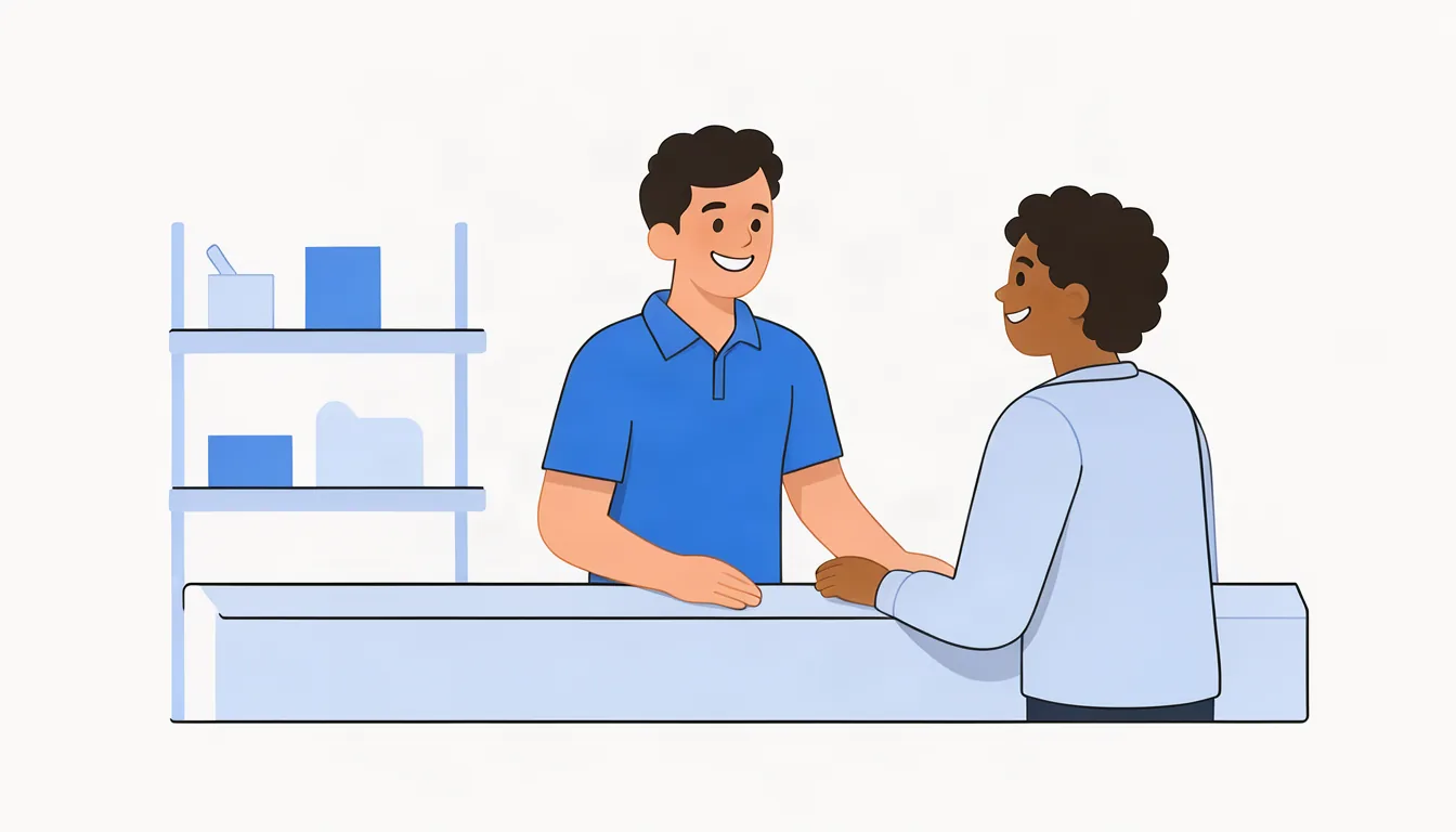 Atendimento perto de casa é uma vantagem que vale destacar no perfil. Ilustração de profissional atendendo cliente no balcão e sorrindo, em pequeno comércio de bairro