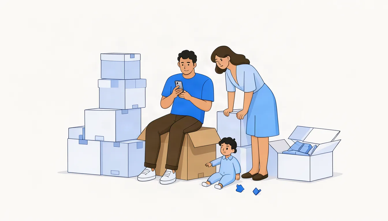 Ilustração de família recém chegada a Indaiatuba pesquisando serviços no celular em casa nova com caixas de mudança