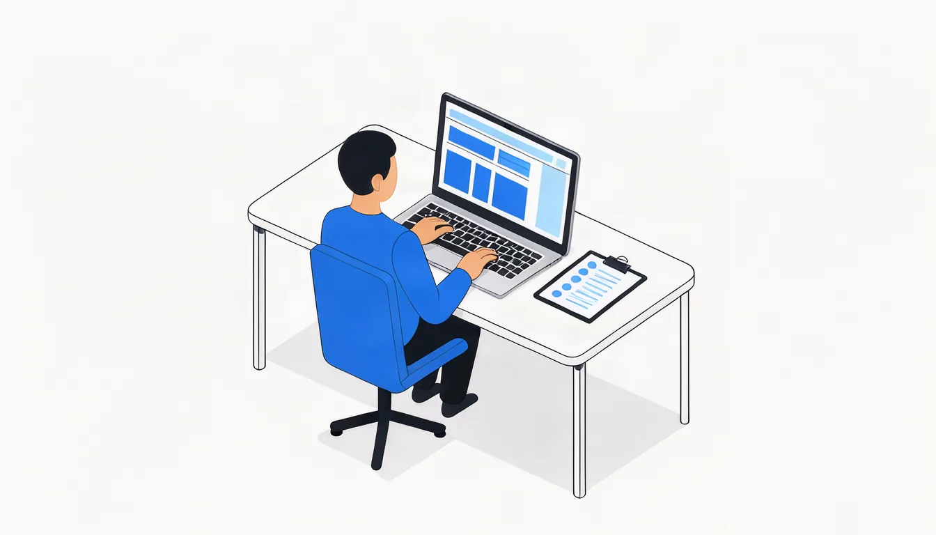 Ilustração de profissional organizando no notebook o perfil da empresa e o site com checklist ao lado