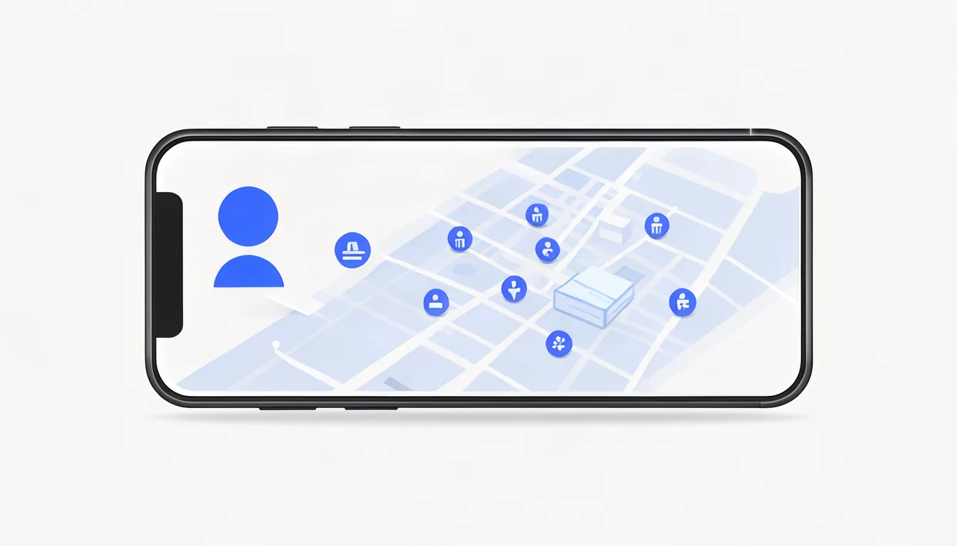 Ilustração de assistente de IA no celular listando empresas locais recomendadas, com mapa ao fundo