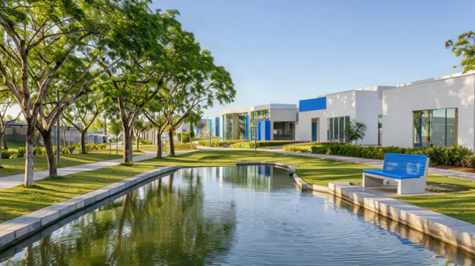 Foto de parque arborizado com lago em cidade do interior paulista em manhã ensolarada, com céu azul e bairro ao fundo