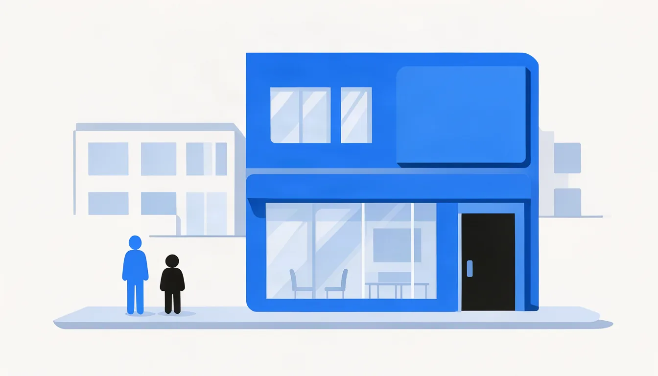 Ilustração de fachada de escritório no centro de cidade do interior com placa e vitrine iluminadas
