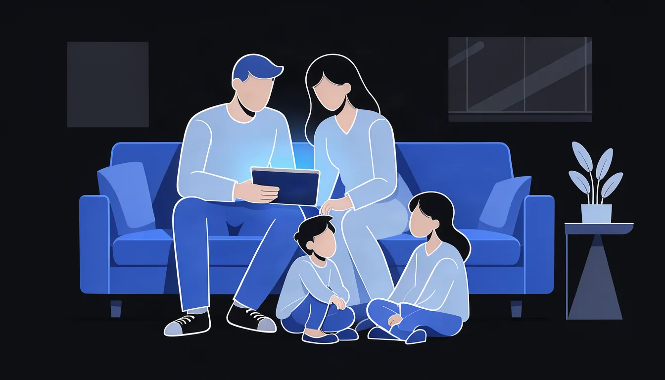 Quem acabou de se mudar para Itupeva ainda não tem indicações e procura tudo no Google. Ilustração de família recém mudada para casa em condomínio pesquisando profissionais locais no tablet