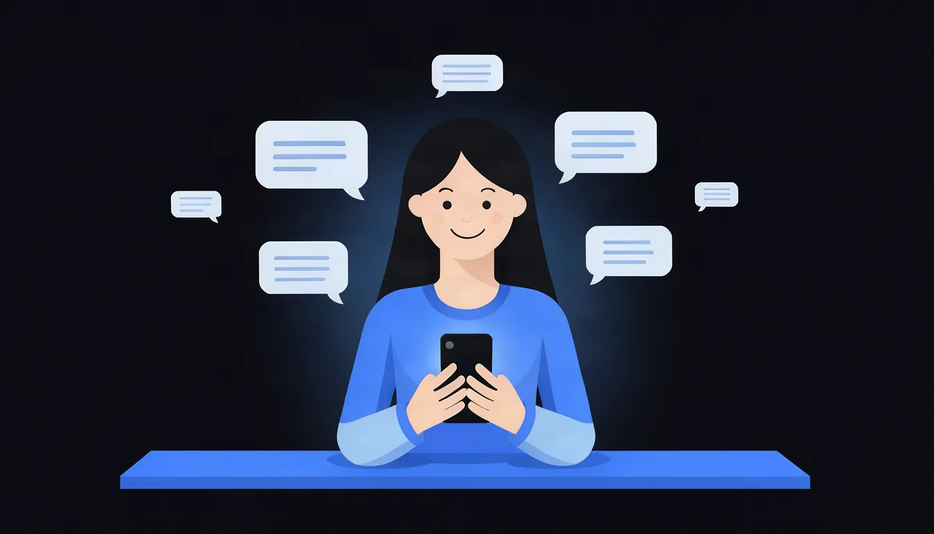 O objetivo final é simples: mais conversas com clientes no WhatsApp. Ilustração de pequena empresária sorrindo enquanto responde mensagens de clientes no WhatsApp no escritório