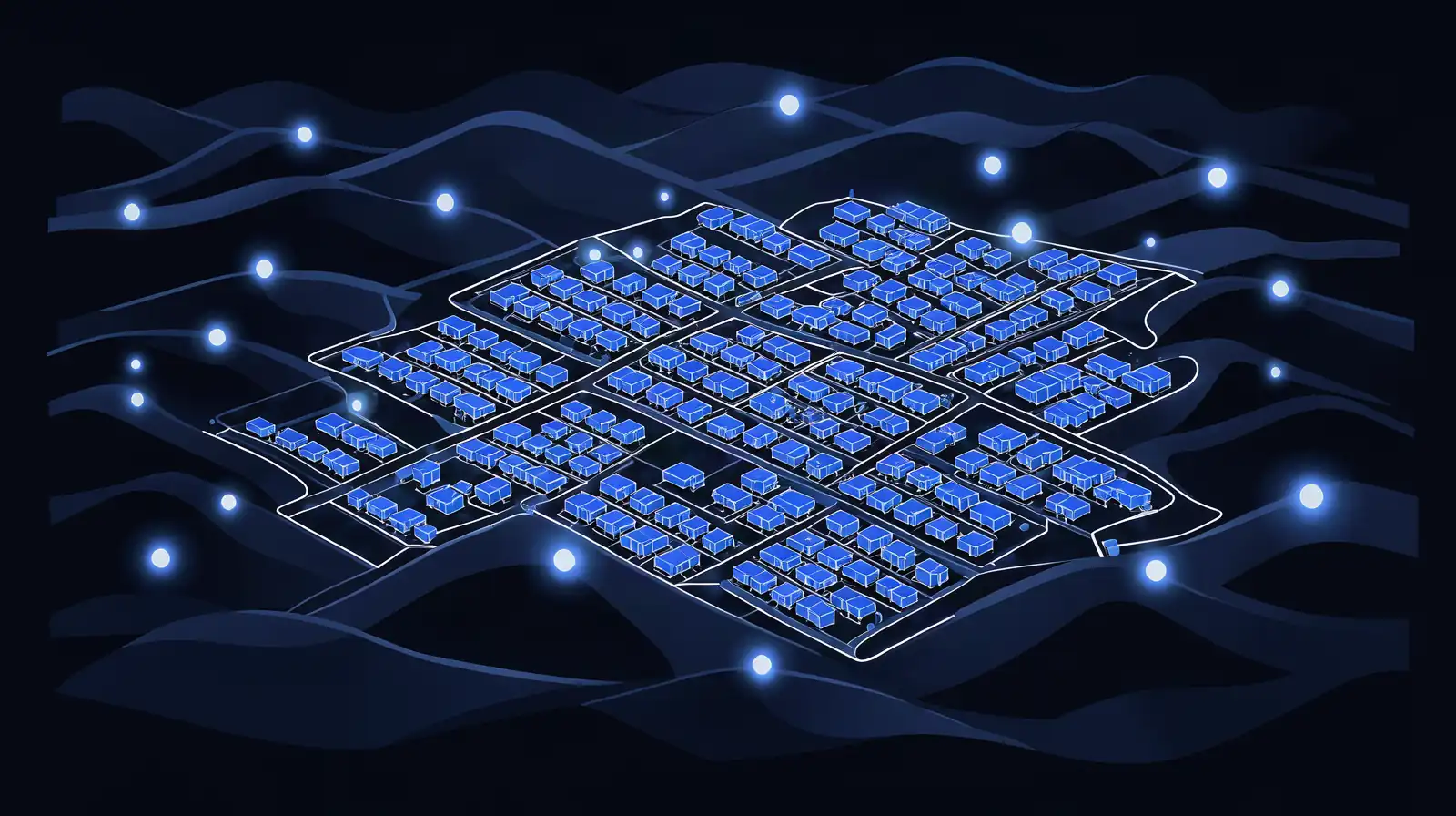Marketing digital em Itupeva: guia prático para negócios locais Ilustração de vista aérea de cidade pequena cercada de morros e condomínios, com pontos de luz azul sobre o mapa